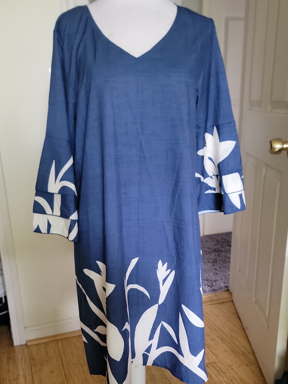 Blue V-Neck Floral Hem Dress